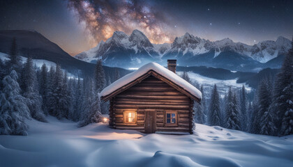 Snowy Mountain Cabin with Starry Sky and Milky Way - obrazy, fototapety, plakaty