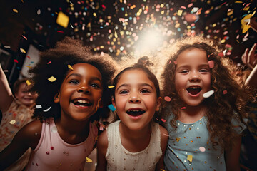 Child birthday concept. Happy multicultural kids having fun celebrating birthday party together...
