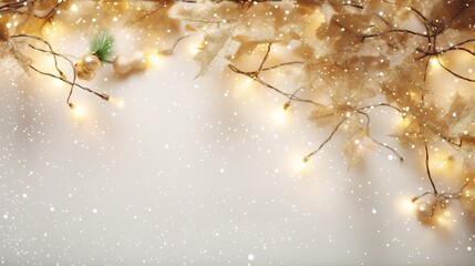 Christmas and new year background with fairy lights, fir branches, and confetti - flat lay, top view with copy space