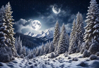 Fototapeta na wymiar diffusion xl snowy fir trees with snowfall and full moon