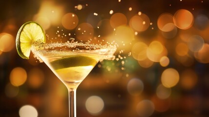 Traditional cocktail margarita decorated with lime. Blurred bar background