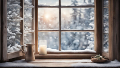 Cozy Winter Window and Wooden Table Setting