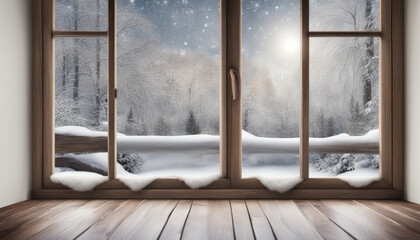 Cozy Winter Window and Wooden Table Setting