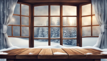 Cozy Winter Window and Wooden Table Setting