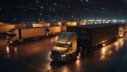 Trucks await their turn at the transport terminal, which is actively operating at night, receiving trucks for loading and subsequent delivery of various goods - obrazy, fototapety, plakaty