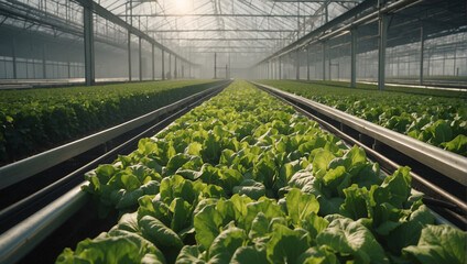 New techniques for growing green lettuce in industrial greenhouses have made organic food production on the farm more efficient. Modern farmer and industrial production of lettuce. - obrazy, fototapety, plakaty