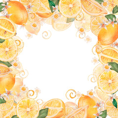 Fototapeta na wymiar Frame of watercolor lemons and flowers