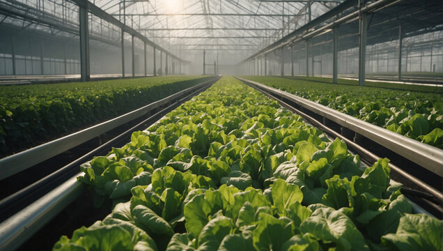 New techniques for growing green lettuce in industrial greenhouses have made organic food production on the farm more efficient. Modern farmer and industrial production of lettuce. - Powered by Adobe