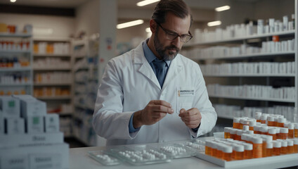 A pharmacist employee spends working hours in a pharmacy, sorting medications and medicines. Modern pharmacists enter information about the receipt of goods into the database - obrazy, fototapety, plakaty
