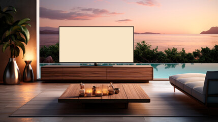 TV on cabinet mockup in living room near the swimmihg pool