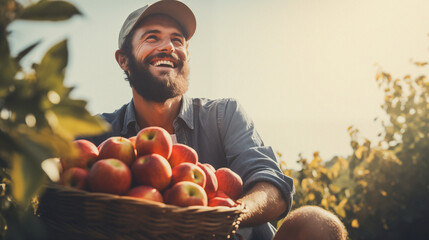 Young adult farmer holding fresh apples, with a beautiful orchard nature landscape in the background, representing a wellbeing, joy, hard work and natural way of living