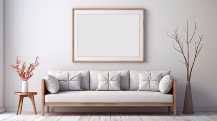 Blank horizontal poster frame mock up in  scandinavian style living room interior, modern living room interior background, sofa