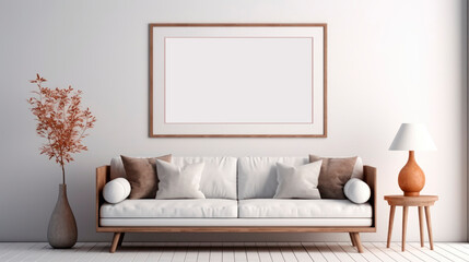 Fototapeta premium Blank horizontal poster frame mock up in scandinavian style living room interior, modern living room interior background, sofa