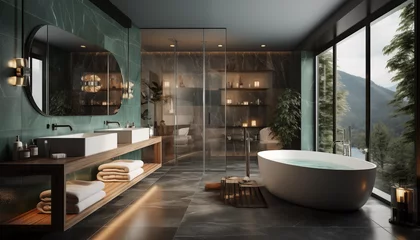 Tapeten Salle de bain moderne vert d'eau double vasques carrées © Fred