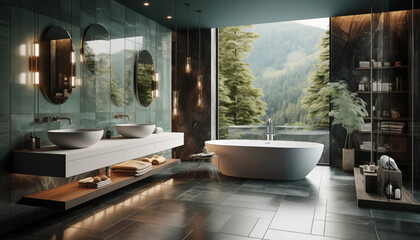 Salle de bain moderne vert d'eau double vasques rondes