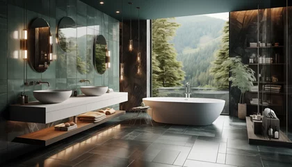 Fototapeten Salle de bain moderne vert d'eau double vasques rondes © Fred