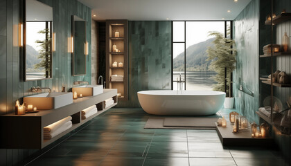 Salle de bain moderne vert d'eau vasques carrées - obrazy, fototapety, plakaty