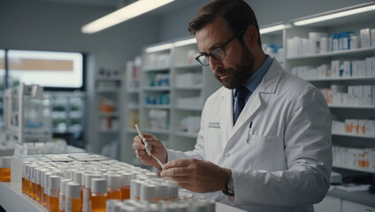 In a pharmacy, a pharmacist-doctor sorts drugs and medical supplies after receiving goods, carefully entering all the data into a database before dispensing the necessary drugs to customers.