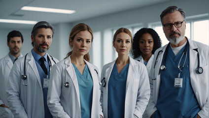 Fototapeta premium Professional chief doctors gathered in group against the backdrop of a hospital and intensive care unit. In special clothes, they prepare for a complex operation and at the same time pose for magazine
