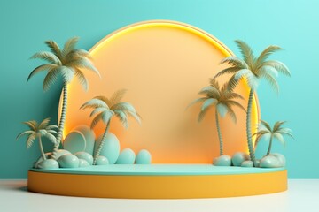 Tropical island stage podium with palm trees and sea paper cut art background.