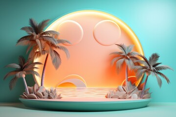 Fototapeta na wymiar Tropical island stage podium with palm trees and sea paper cut art background.