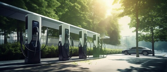 Revolutionizing Travel: Fast Electric Vehicle Chargers in Park. Generative ai - obrazy, fototapety, plakaty