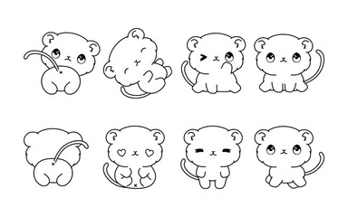 Set of Kawaii Isolated Gerbil Coloring Page. Collection of Cute Vector Cartoon Baby Pet Outline for Stickers, Baby Shower, Coloring Book, Prints for Clothes