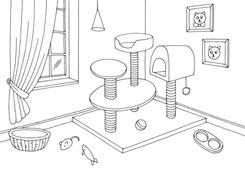 Cat house in room graphic black white home interior sketch illustration vector