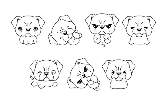 Collection of Vector Cartoon Boxer Dog Coloring Page. Set of Kawaii Isolated Pet Outline for Stickers, Baby Shower, Coloring Book, Prints for Clothes