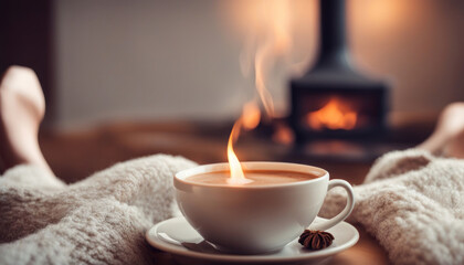 Obraz na płótnie Canvas Cozy Evening by the Fireplace with a Hot Drink