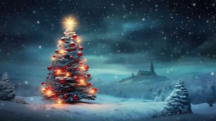 a christmas tree background with trees and decorations covered in snow, in the style of photo-realistic landscapes