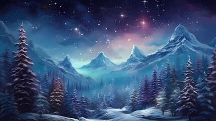 christmas at night landscape snow mountain forest night scene, in the style of photo-realistic landscapes, light red and turquoise