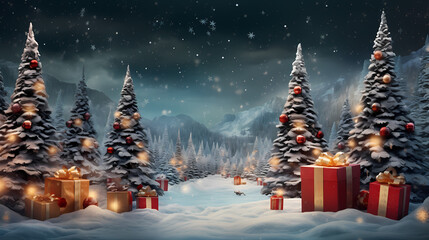 snowy christmas night with christmas trees and some presents on the snow, in the style of photo-realistic landscapes, red and aquamarine, large-scale canvas, dark crimson and gold