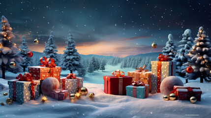 snowy christmas scene with christmas gifts and snow, in the style of photo-realistic landscapes, dark turquoise and crimson, light crimson and gold, nightscape