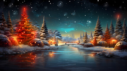 christmas scene showing christmas lights and lights, in the style of large canvas format, dreamy landscapes, dark turquoise and light red