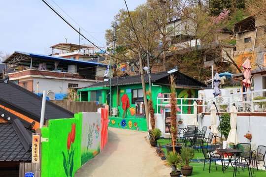 JEONJU, SOUTH KOREA - APRIL 4, 2023: Street view of Jaman Mural Village in Jeonju city.
