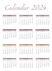 Calendar 2024 template vector, simple minimal design, Planner 2024 year, Wall calendar 2024 year, pastel color, vertical. Set of 12 calendar, advertisement, printing, stationery, organization office.