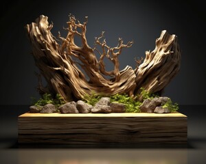 3d rustic tree branches display podium for jewellery, perfume and cosmetic products background ai generative
