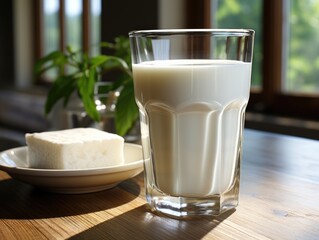 A glass of milk sitting on top of a wooden table ai generative