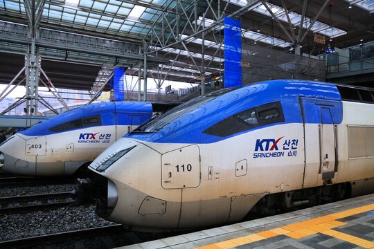 SEOUL, SOUTH KOREA - APRIL 5, 2023: KTX Sancheon high speed trains at Seoul Station. Korail KTX Sancheon bullet train achieves speeds up to 305 kph. It is built by Hyundai Rotem.