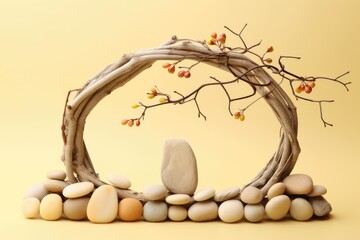 A painting of a tree branch with various types of stones ai generative