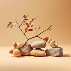 A painting of a tree branch with various types of stones ai generative