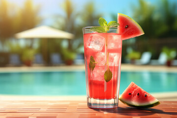 A modern glass of watermelon mojito cocktail with ice behind a blurred swimming pool background ai generated