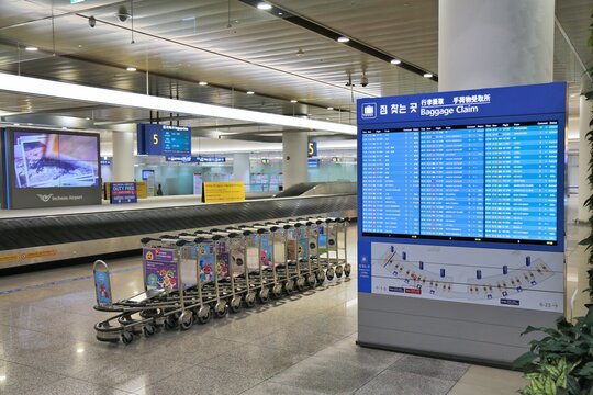 SEOUL, SOUTH KOREA - MARCH 26, 2023: Baggage claim information at Seoul Incheon Airport, the main airport of South Korea.
