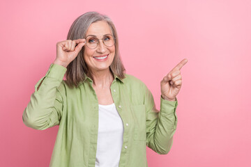 Photo of grandmother teach create wikipedia page for free touch her spectacles direct finger empty...