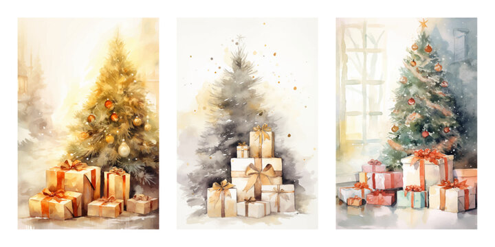 Set of hand drawn watercolour christmas tree and gifts backgrounds. Christmas vector elements for poster, cards, flyer, web.