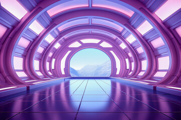 Technology virtual background. Gaming cyber backdrop, neon colored illuminated floor and wall. Tech, metaverse and futuristic concept. 