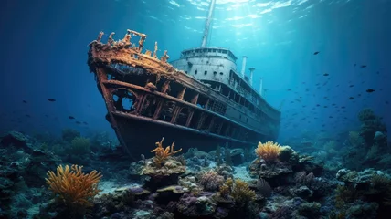 Rolgordijnen Wreck of the ship with scuba diver © Virtual Art Studio