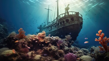 Wreck of the ship with scuba diver - obrazy, fototapety, plakaty