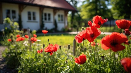 Country Living: Red Poppy Flowers in a Quaint Garden by the Rural House.